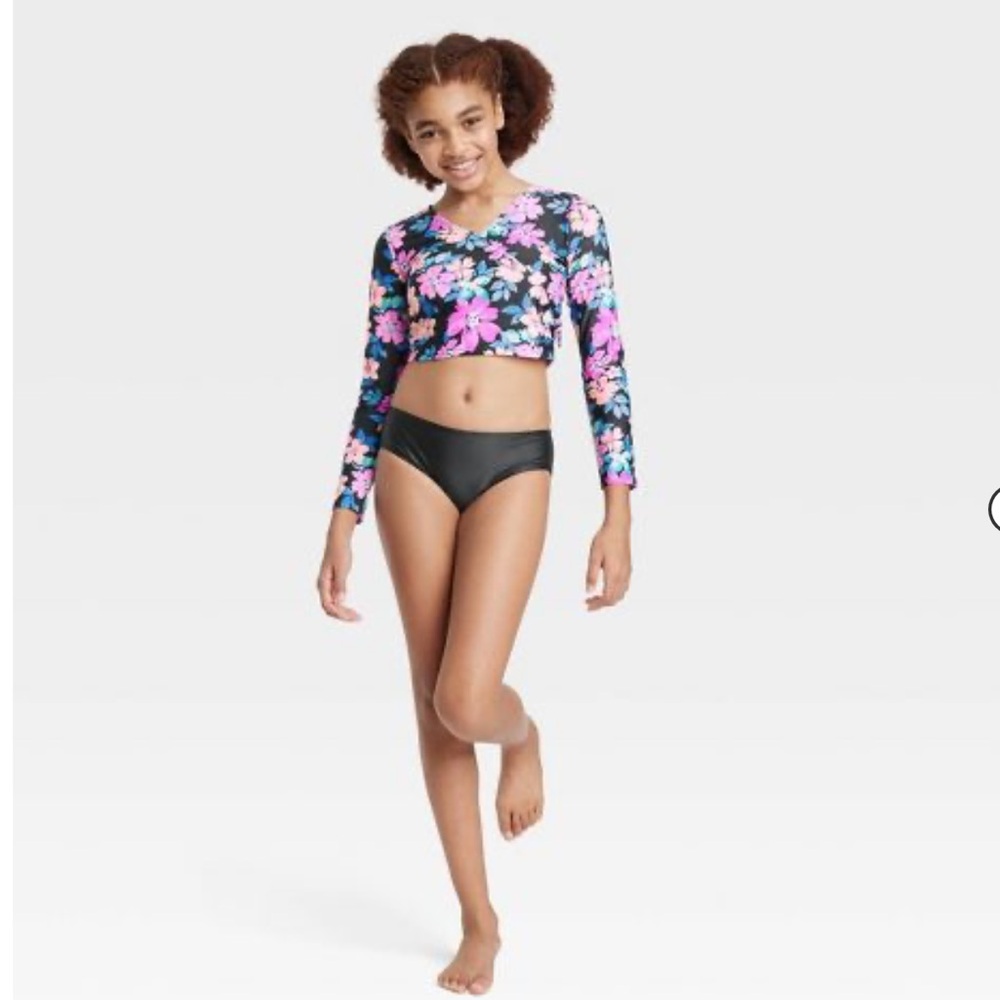 Girls' 3pc Western Blooms Swimwear Set - Art Class™ Black Rashguard & Bikini